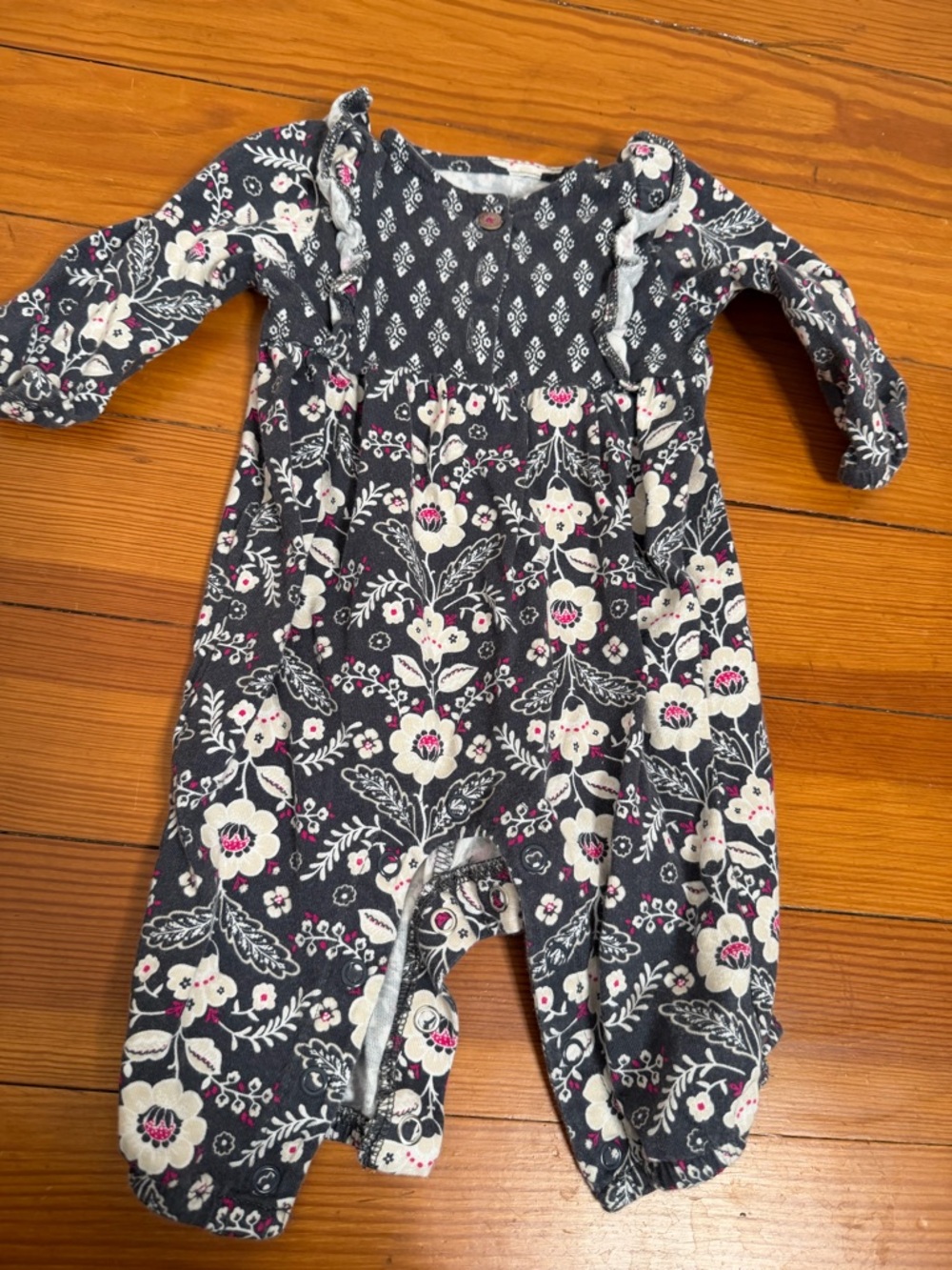 Carter's Navy Floral Footed One-Piece with Cream & Pink Flowers
